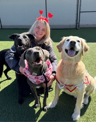 a woman with three dogs